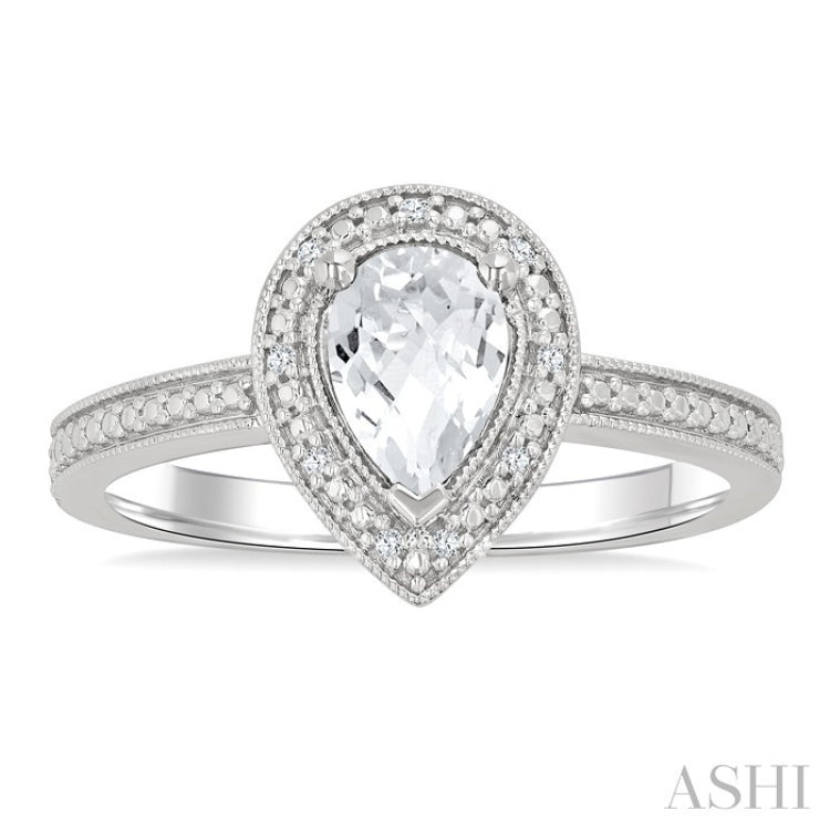 6X4 MM Pear Shape White Topaz and 1/50 Ctw Round Cut Diamond Semi-Precious Ring in Sterling Silver