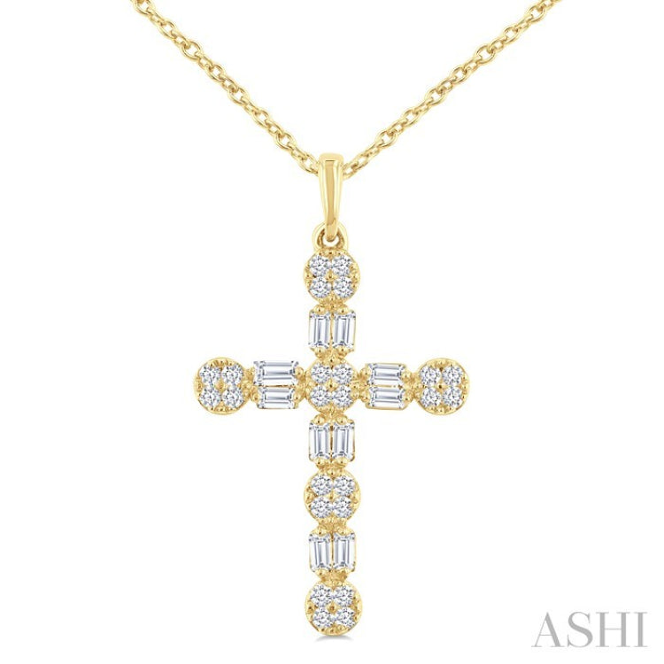 1/3 Ctw Floral Cross Fusion Baguette and Round Cut Diamond Fashion Pendant With Chain in 14K Yellow Gold