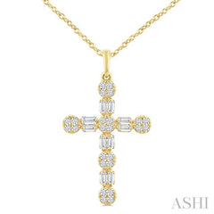 1/3 Ctw Floral Cross Fusion Baguette and Round Cut Diamond Fashion Pendant With Chain in 14K Yellow Gold