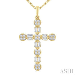1/3 Ctw Floral Cross Fusion Baguette and Round Cut Diamond Fashion Pendant With Chain in 14K Yellow Gold