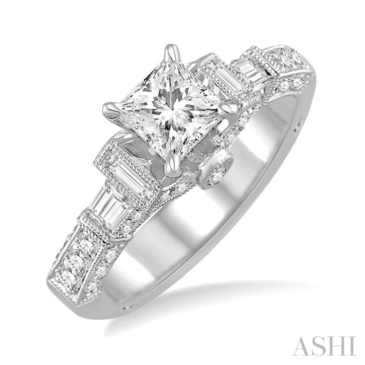 1 1/2 Ctw Diamond Engagement Ring with 3/4 Ct Princess Cut Center Stone in 14K White Gold