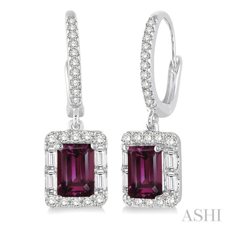6x4 MM Emerald Cut Rhodolite Garnet and 5/8 Ctw Diamond Semi-Precious Earrings in 14K White Gold