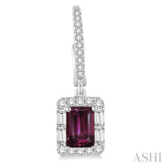 6x4 MM Emerald Cut Rhodolite Garnet and 5/8 Ctw Diamond Semi-Precious Earrings in 14K White Gold