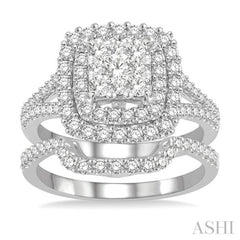 1 3/8 Ctw Lovebright Round Cut Diamond Wedding Set With 1 1/6 Ctw Cushion Shape Engagement Ring and 1/4 Ctw Scooped Wedding Band in 14K White Gold