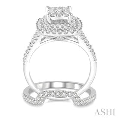 1 3/8 Ctw Lovebright Round Cut Diamond Wedding Set With 1 1/6 Ctw Cushion Shape Engagement Ring and 1/4 Ctw Scooped Wedding Band in 14K White Gold