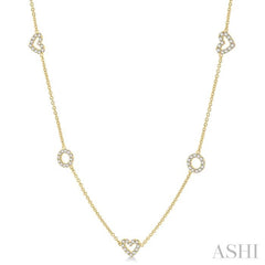 1 Ctw Heart and Circle Round Cut Diamond Station Necklace in 14K Yellow Gold