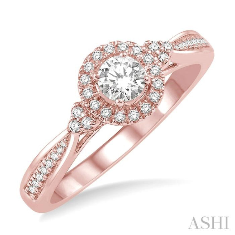 3/8 Ctw Round Center Heart Link Diamond Ladies Engagement Ring with 1/5 Ct Round Cut Center Stone in 14K Rose Gold