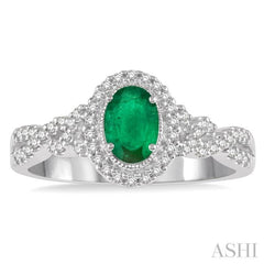 6X4 MM Oval Shape Emerald and 1/5 Ctw Round Cut Diamond Precious Ring in 10K White Gold