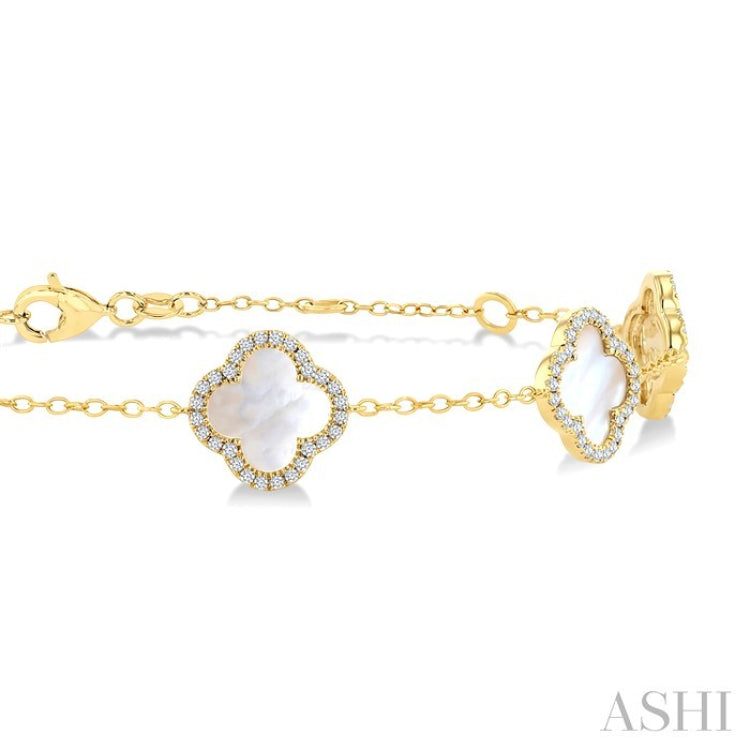 8 MM Mother of Pearl and 1/2 Ctw Round Cut Diamond Clover Halo Station Bracelet in 14K Yellow Gold