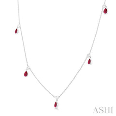 5X3 MM Pear Shape Ruby and 1/4 Ctw Round Cut Diamonds Precious Station Necklace in 14K White Gold