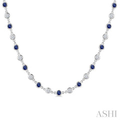 2.85 MM Round Shape Sapphire and 2 5/8 Ctw Bezel Set Round Cut Diamond Precious Station Necklace in 14K White Gold