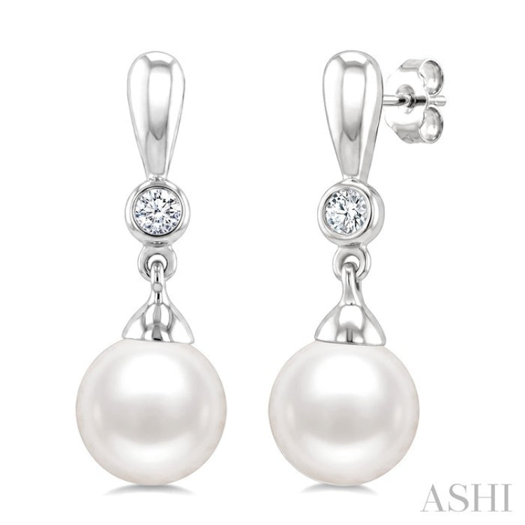 6 MM White Cultured Pearl and 1/20 Ctw Round Cut Diamond Earrings in 10K White Gold