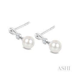 6 MM White Cultured Pearl and 1/20 Ctw Round Cut Diamond Earrings in 10K White Gold