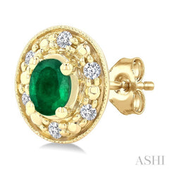 4x3 MM Oval Shaped Emerald and 1/10 Ctw Round Cut Diamond Earrings in 14K Yellow Gold