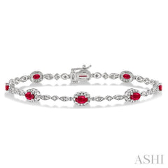 5x3 MM Oval Cut Ruby and 1/20 Ctw Round Cut Diamond Bracelet in 10K White Gold