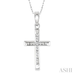 1/10 Ctw Single Cut Diamond Cross Pendant in 14K White Gold with Chain
