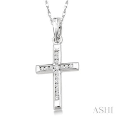 1/10 Ctw Single Cut Diamond Cross Pendant in 10K White Gold with Chain