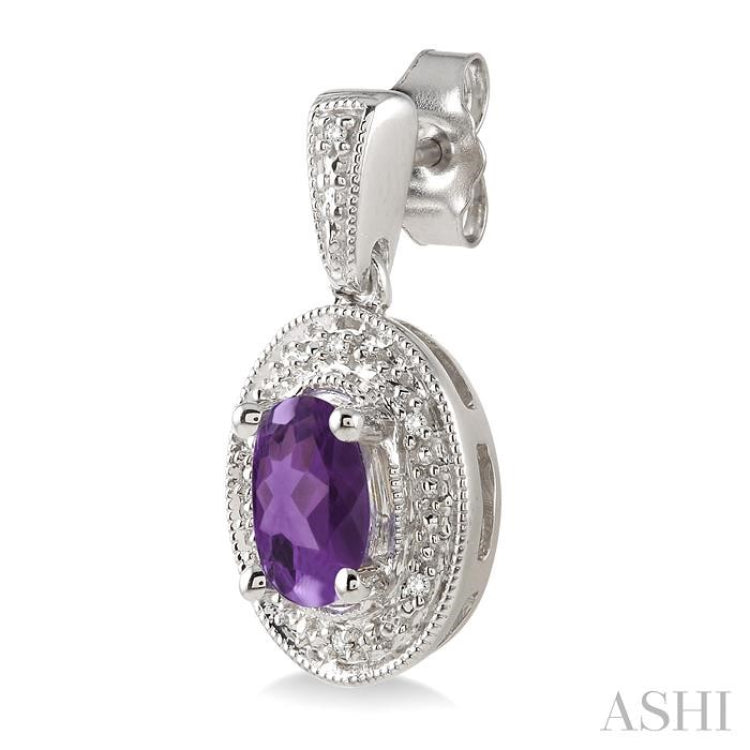 7x5 MM Oval Cut Amethyst and 1/20 Ctw Round Cut Diamond Earrings in Sterling Silver