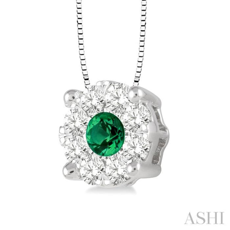 3.8 MM Round Cut Emerald and 1/3 Ctw Lovebright Precious Pendant in 14K White Gold with Chain