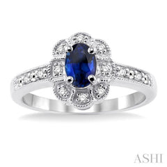 6X4 MM Oval Cut Sapphire and 1/20 Ctw Round Cut Diamond Ring in Sterling Silver