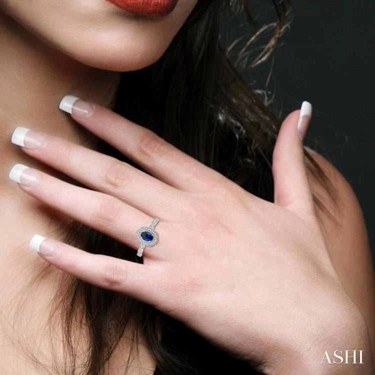 6x4 MM Oval Shape Sapphire and 1/6 Ctw Round Cut Diamond Precious Ring in 10K White Gold