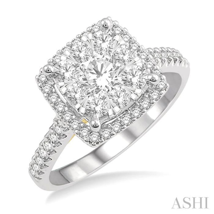1 1/10 Ctw Round Diamond Lovebright Halo Engagement Ring in 14K White and Yellow Gold