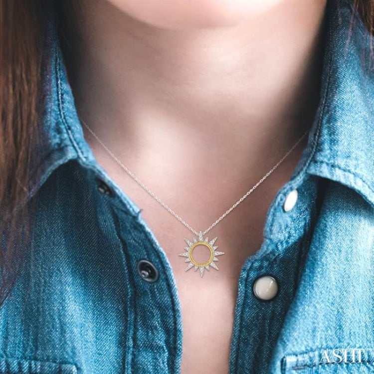 1/6 Ctw Sun Motif Round Cut Diamond Pendant With Chain in 10K White and Yellow Gold