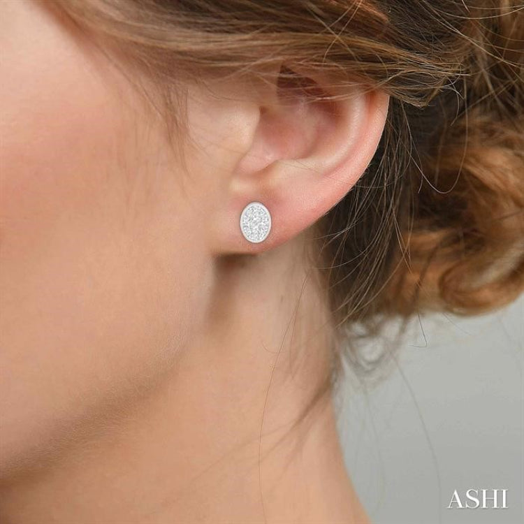 1/2 Ctw Oval Shape Lovebright Round Cut Diamond Bezel Stud Earring in 14K White Gold