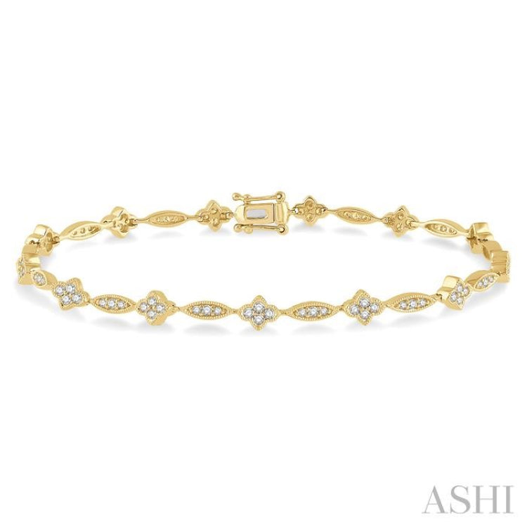 1 1/10 Ctw Marquise and Floral Link Diamond Bracelet in 14K Yellow Gold