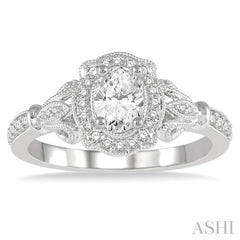 5/8 Ctw Lattice Shank Oval and Round Cut Diamond Ladies Engagement Ring with 3/8 Ct Oval Cut Center Stone in 14K White Gold