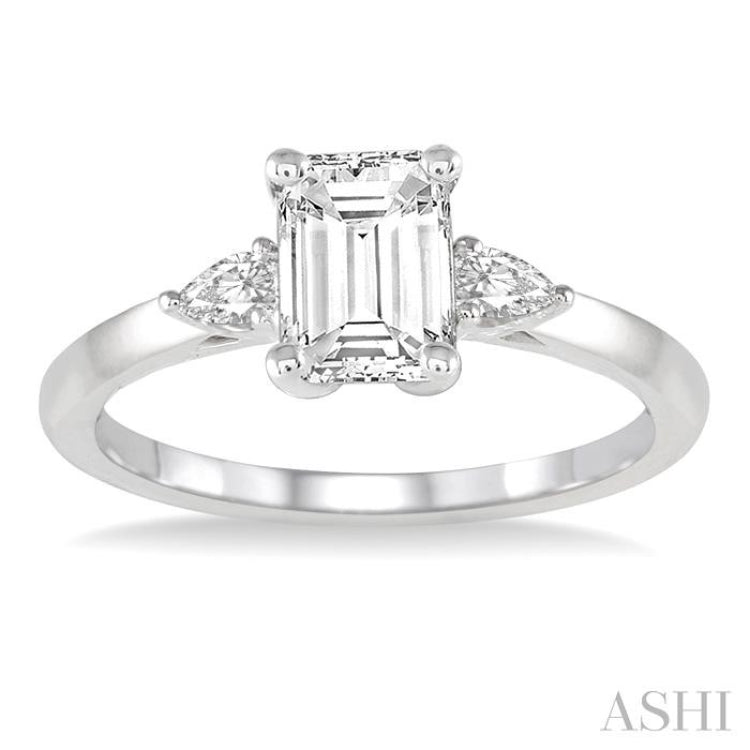 3/4 Ctw Octagon Emerald and Pear Cut Diamond Ladies Engagement Ring with 1/2 Ct Emerald Cut Center Stone in 14K White Gold