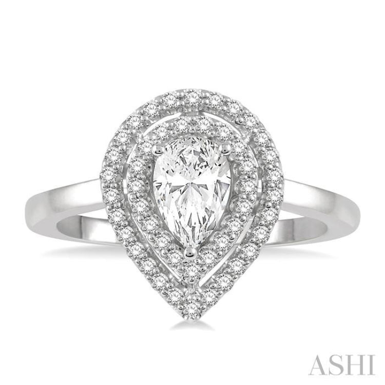 3/4 Ctw Round Cut Diamond Twin Border 1/2 Ct Pear Cut Center Stone Ladies Engagement Ring in 14K White Gold
