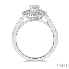 3/4 Ctw Round Cut Diamond Twin Border 1/2 Ct Pear Cut Center Stone Ladies Engagement Ring in 14K White Gold
