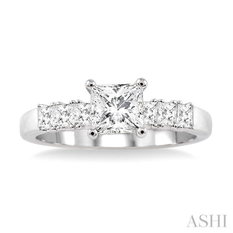 1 Ctw Diamond Engagement Ring with 5/8 Ct Princess Cut Center Stone in 14K White Gold