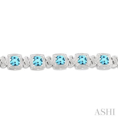 7X7 MM Cushion Shape Blue Topaz and 1/10 Ctw Round Cut Diamond Square Shape Bracelet in Sterling Silver