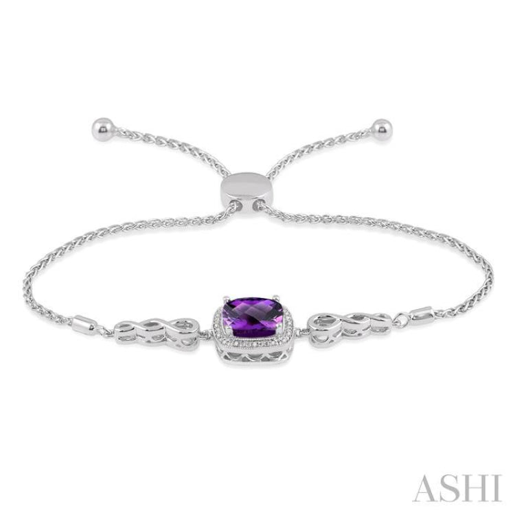 10x10 MM Cushion Shape Amethyst and 1/20 Ctw Round Cut Diamond Sterling Silver Lariat Bracelet