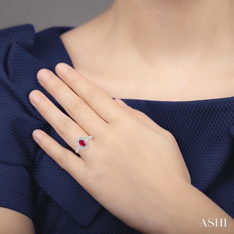 6x4 MM Oval Cut Ruby and 1/8 Ctw Lattice Reverse Taper Shank Round Cut Diamond Precious Ring in 10K White Gold