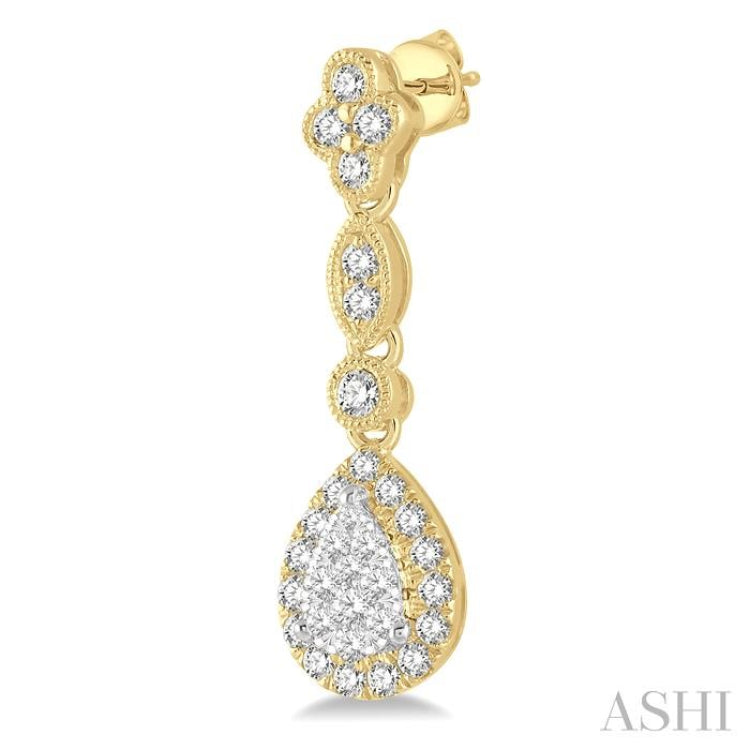 5/8 Ctw Pear Shape Halo Lovebright Round Cut Diamond Earrings in 14K Yellow and White Gold