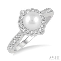 7 MM Cultured Pearl and 1/4 Ctw Round Cut Diamond Halo Ring in 10K White Gold