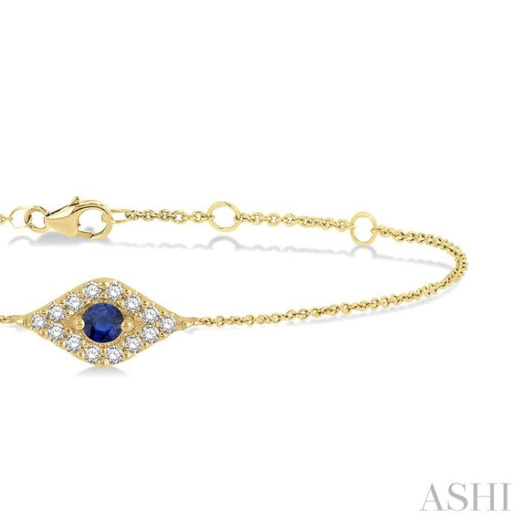2.60 MM Round Cut Sapphire and 1/10 Ctw Evil Eye Round Cut Diamond Precious Petite Fashion Bracelet in 10K Yellow Gold