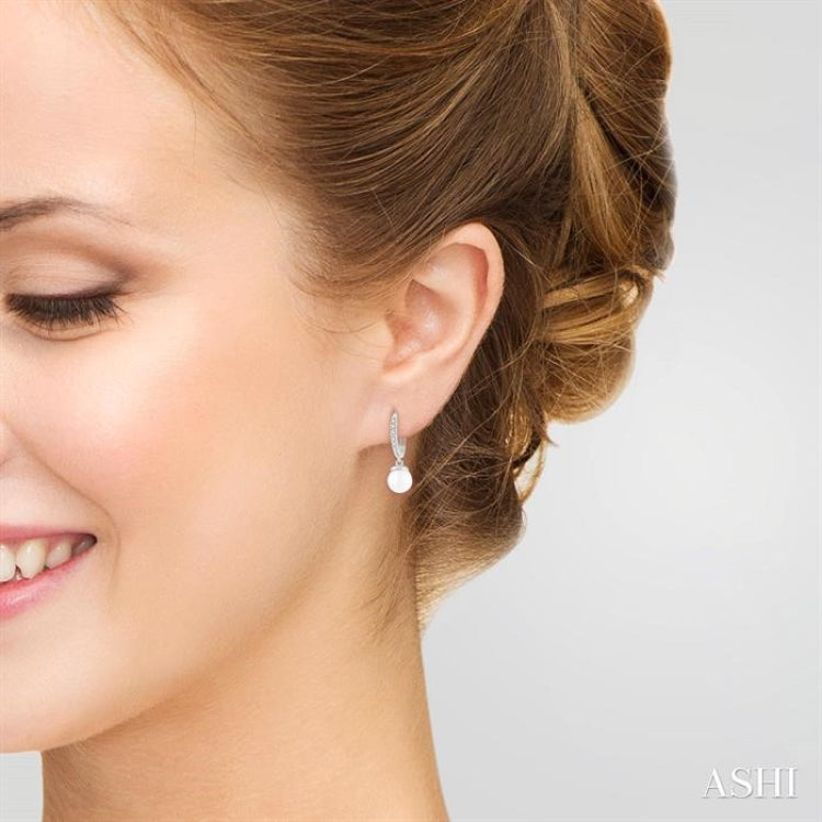 6 MM Round Shape Cultured Pearls and 1/8 Ctw Round Cut Diamond Drop Petite Huggie Earrings 10K White Gold