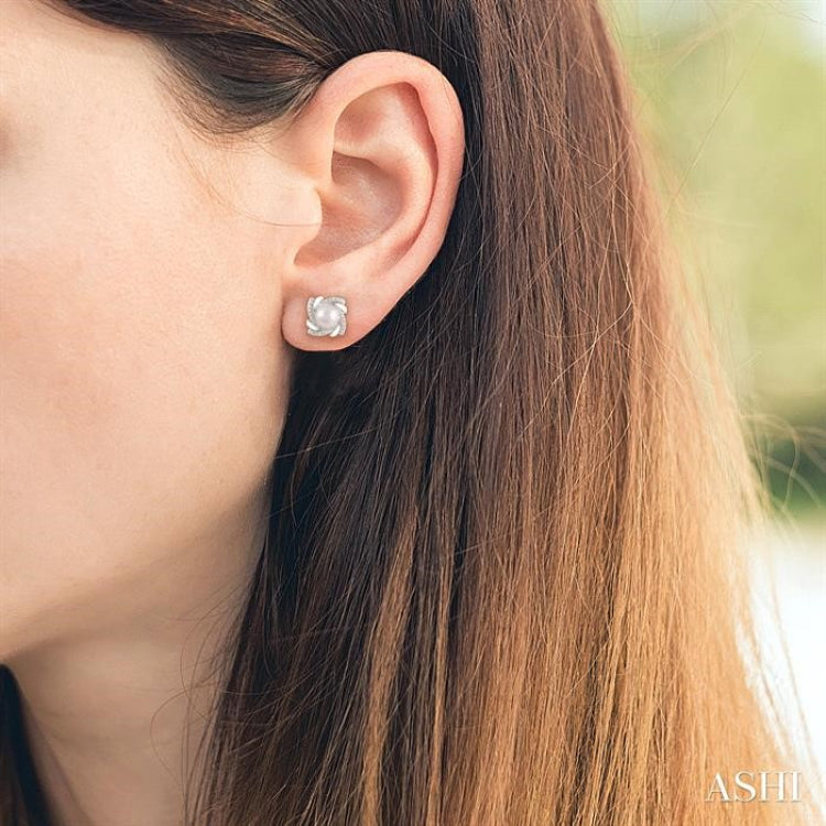 6x6 MM Round Shape Cultured Pearls and 1/50 Ctw Swirl Round Cut Diamond Earring in Sterling Silver