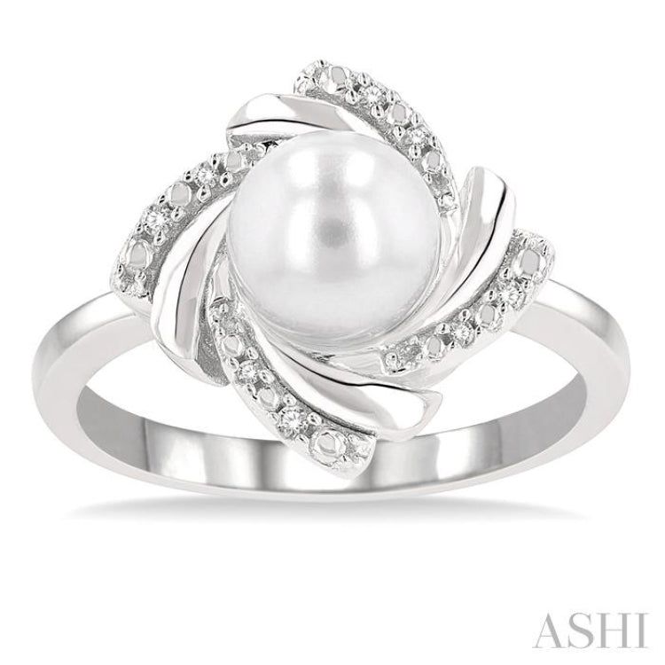7x7 MM Round Shape Cultured Pearl and 1/50 Ctw Swirl Round Cut Diamond Ring in Sterling Silver