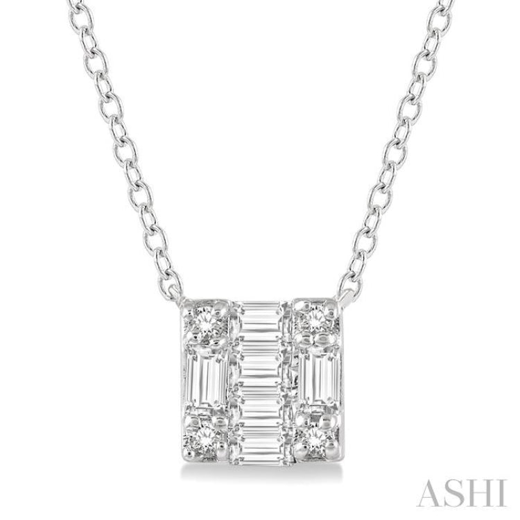 1/8 Ctw Square Shape Baguette and Round Cut Diamond Petite Fashion Pendant With Chain in 14K White Gold