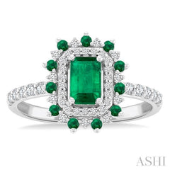 6X4 MM Emerald Shape & 1.5 MM Round Cut Emerald and 1/3 Ctw Round Cut Diamond Floral Precious Ring in 14K White Gold