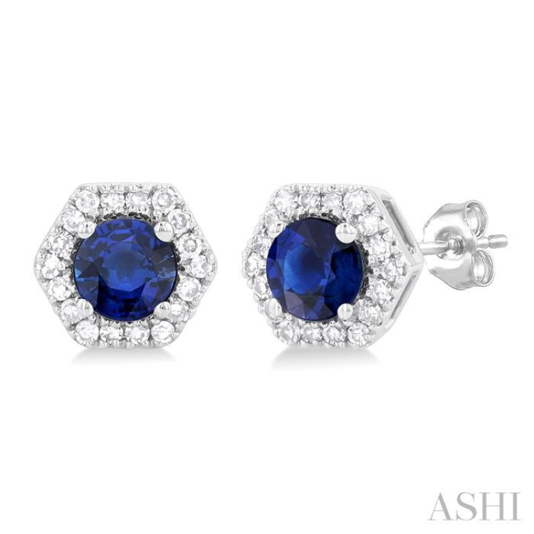 3.5 MM Round Sapphire and 1/10 Ctw Round Cut Diamonds Halo Precious Stud Earrings in 10K White Gold