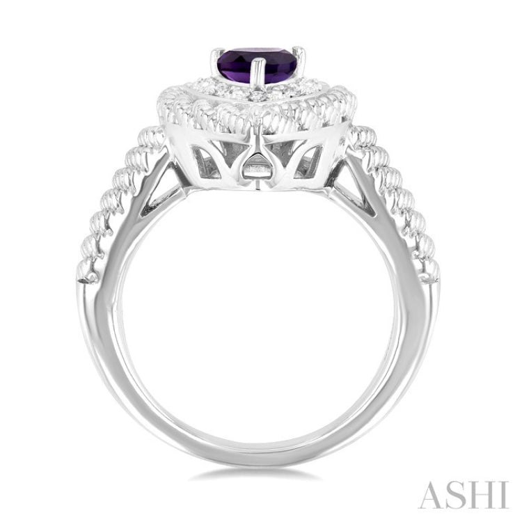 7X5 MM Pear Cut Amethyst and 1/20 Ctw Round Cut Diamond Semi-Precious Ring in Sterling Silver