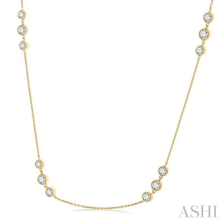 2 Ctw Three Stone Bezel Set Round Cut Diamond Station Necklace in 14K Yellow Gold