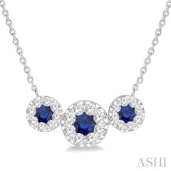 3.8 MM & 3 MM Sapphire and 5/8 Ctw Round Cut Diamond Past Present & Future Precious Necklace in 14K White Gold