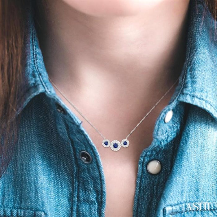 3.8 MM & 3 MM Sapphire and 5/8 Ctw Round Cut Diamond Past Present & Future Precious Necklace in 14K White Gold